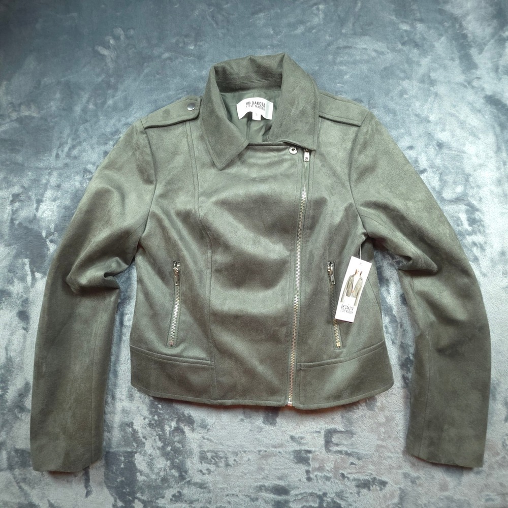 BB Dakota Steve Madden Faux Suede Moto Jacket Olive Green BM12624W Small
